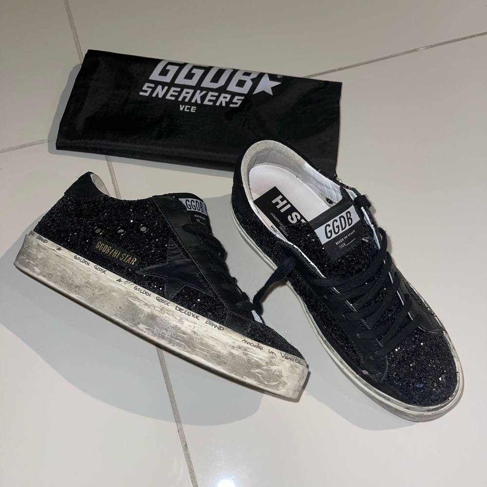 GOLDEN GOOSE Black Glitter Hi Star Sneakers